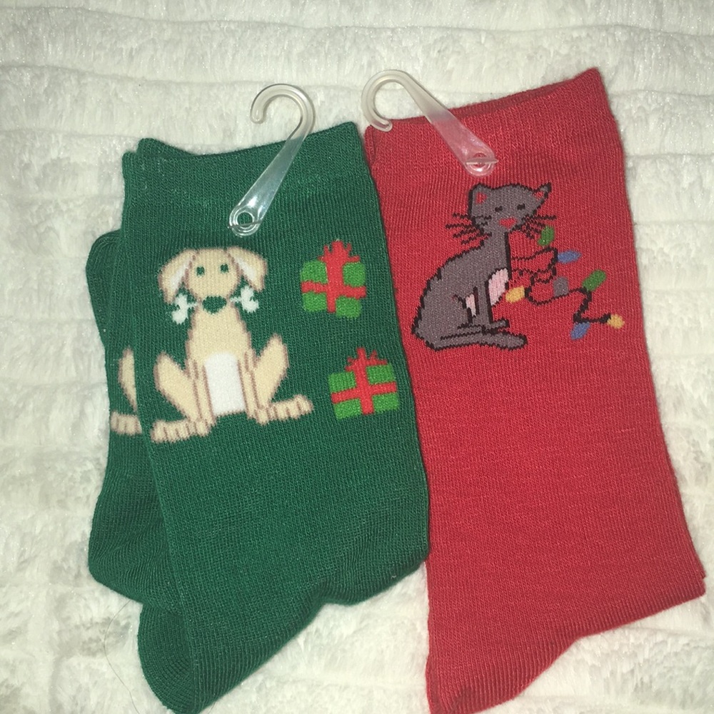 Holiday themed dog and cat themed meme socks